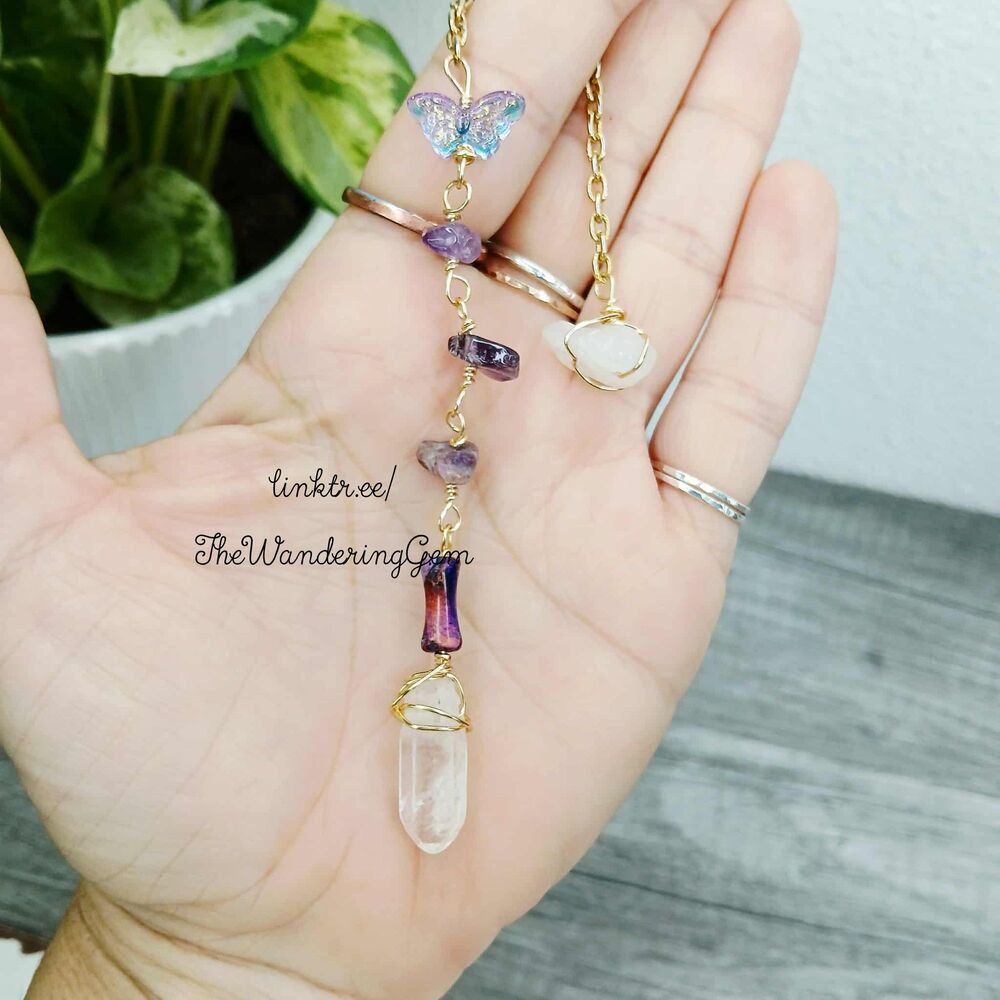 Amethyst & Quartz Crystal Beaded Dowsing Pendulum, Butterfly Purple 7.5" - Picture 5 of 5